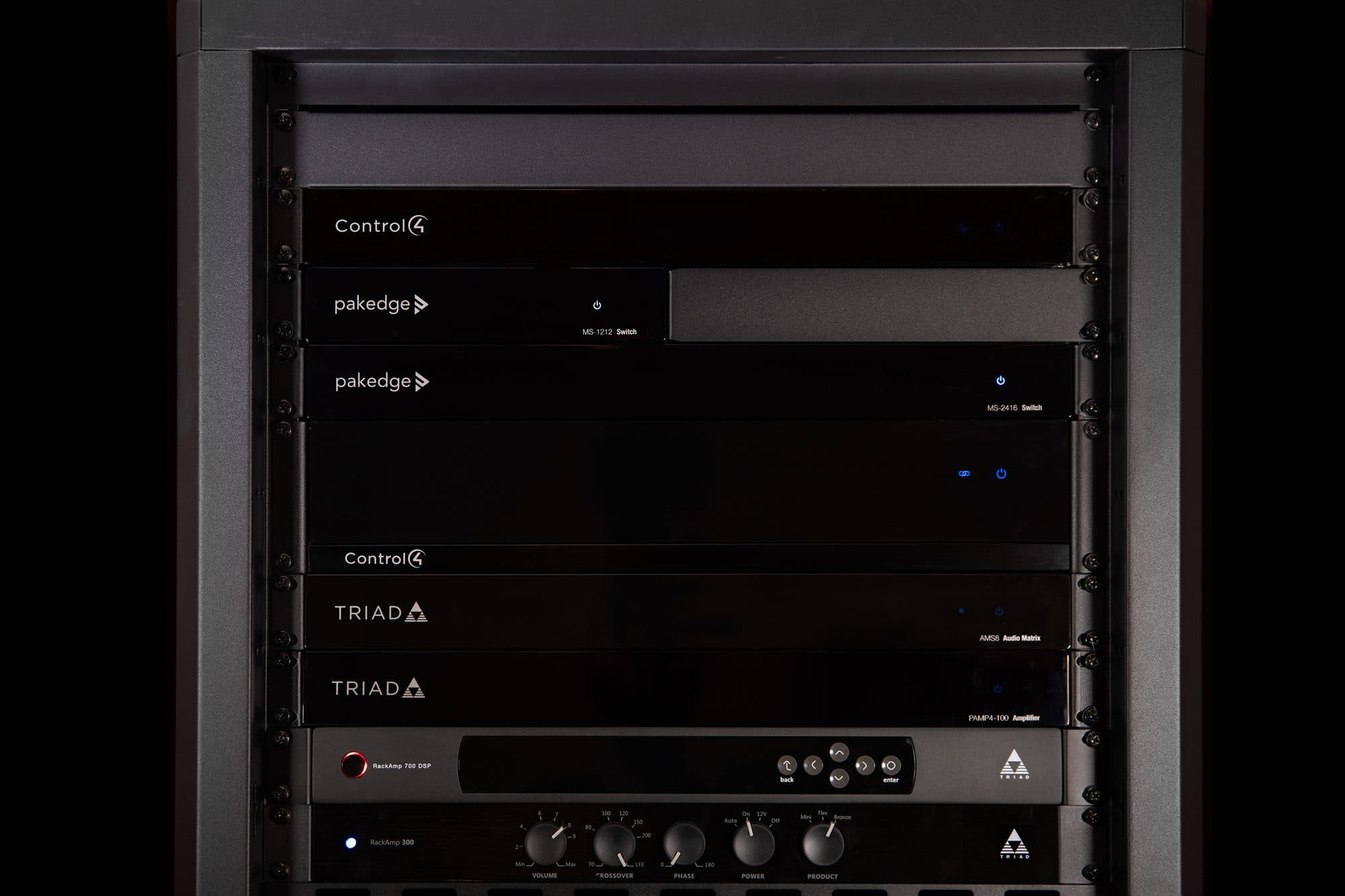 A clean, labelled equipment rack carrying the home