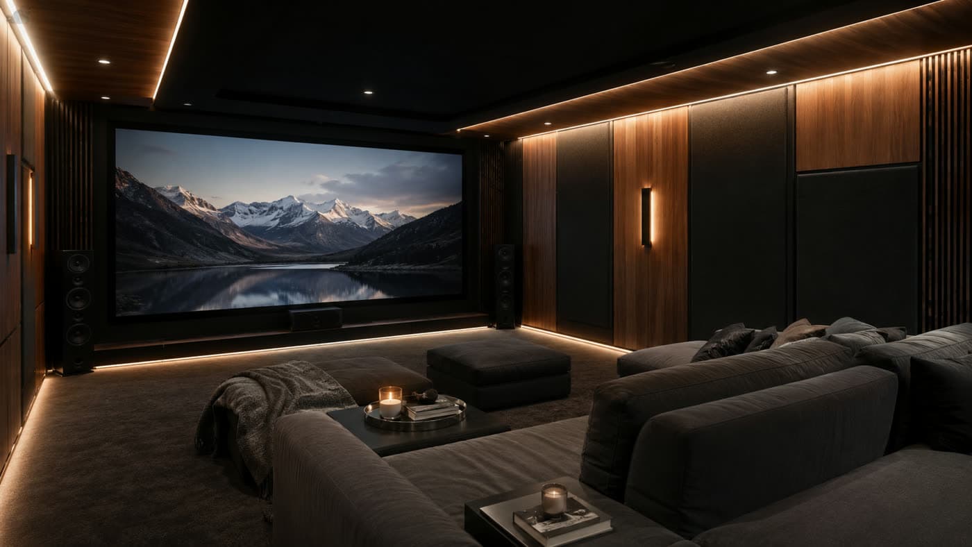 A cinema room with concealed in-wall speakers and acoustic panels