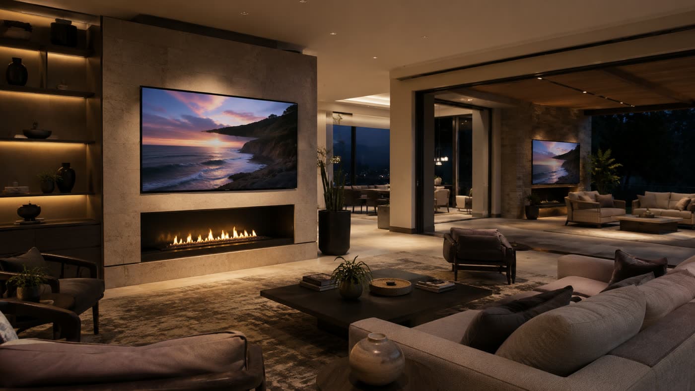 A living space screen fed by a central video distribution system