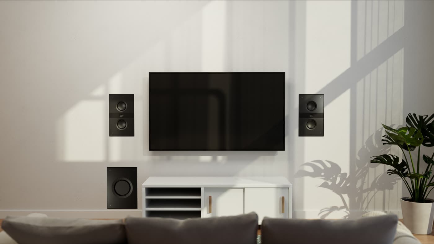 A flush in-wall loudspeaker finished level with the wall