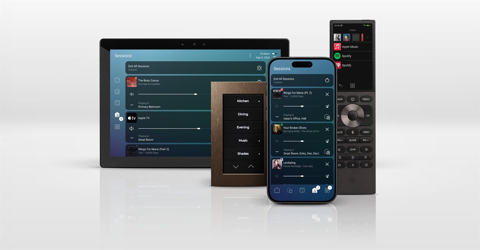 A Control4 X4 touchscreen, mobile app, walnut Lux keypad and Halo remote shown together