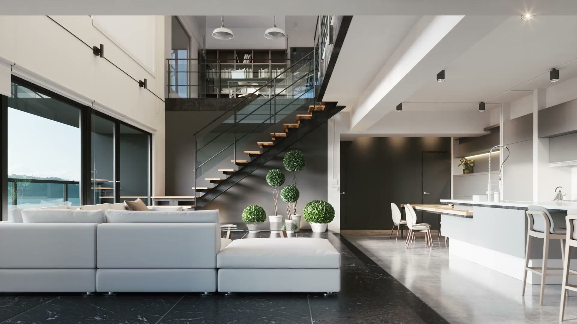 A bright, open-plan living space in a contemporary smart home