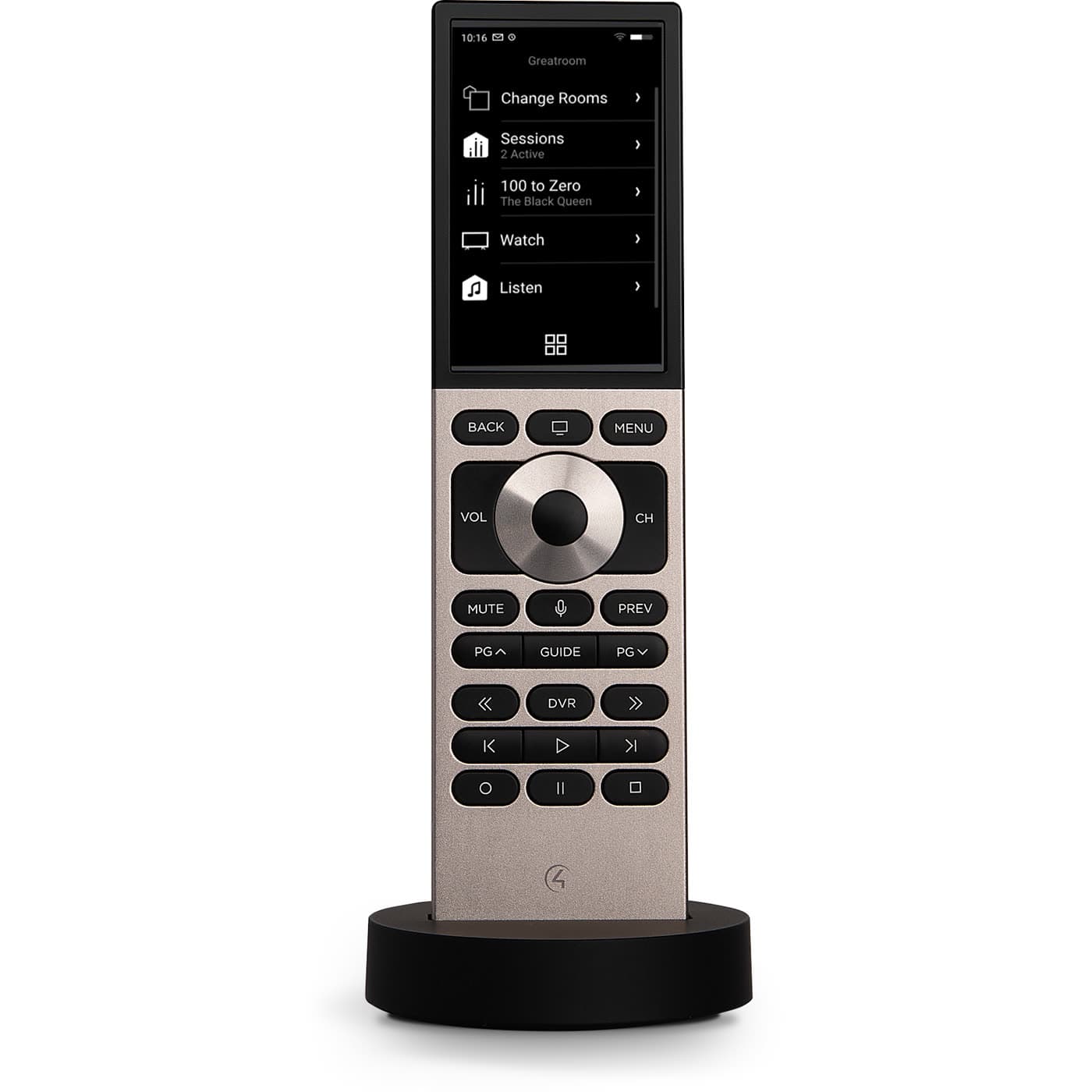 A handheld smart-home touchscreen remote in its dock