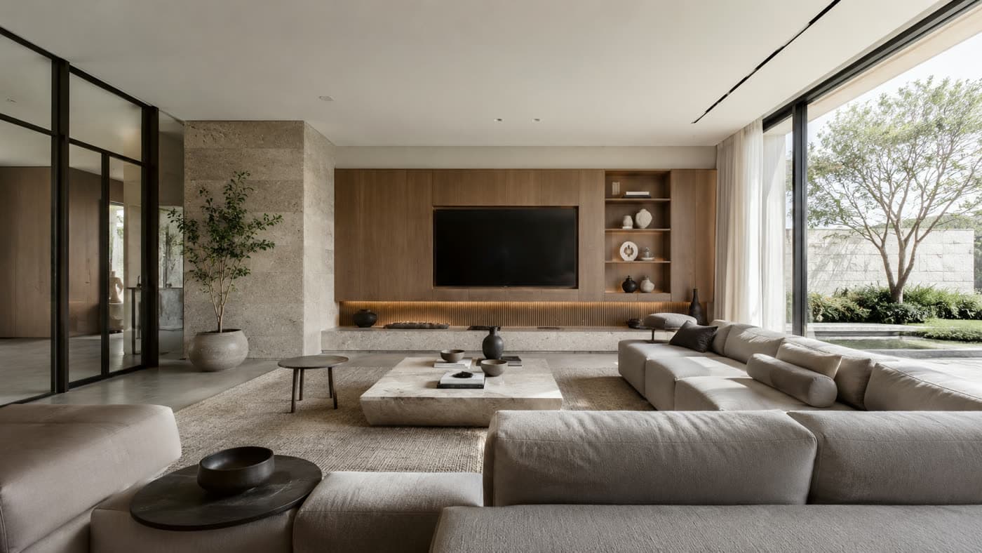 A modern double-height living space with integrated lighting and climate