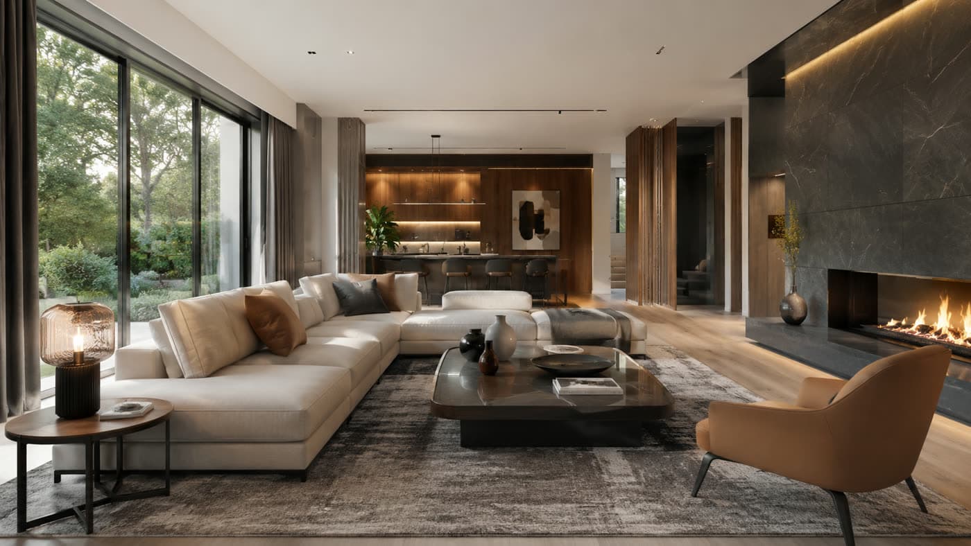 A warm living room at dusk with low, layered lighting