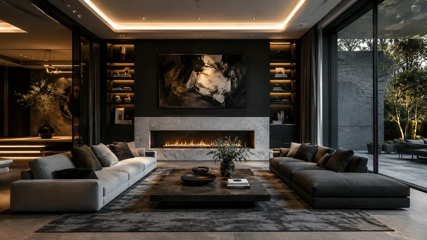A sculptural living space where the technology is fully concealed