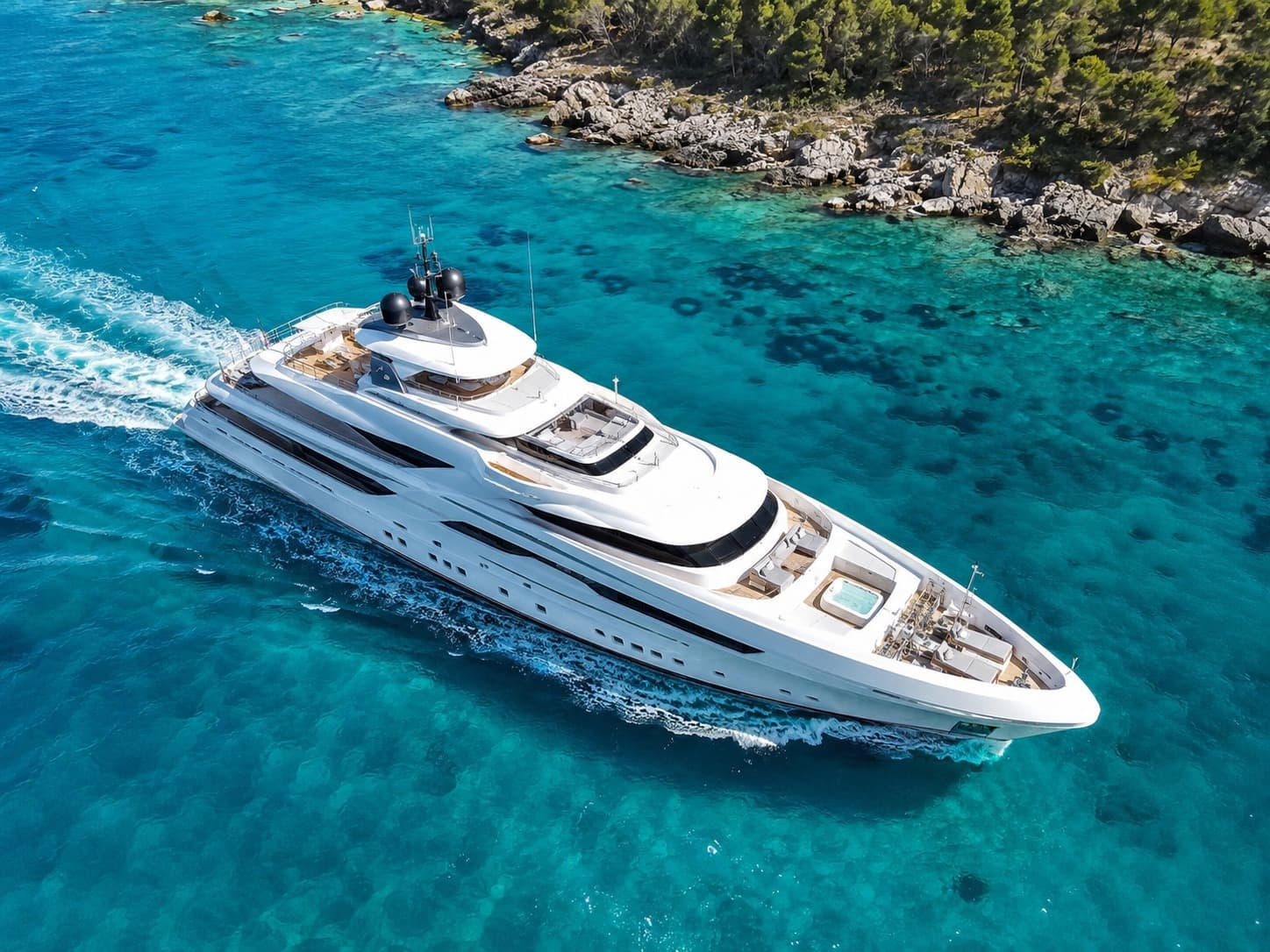 An aerial view of a luxury superyacht cruising over turquoise water by a rocky coastline