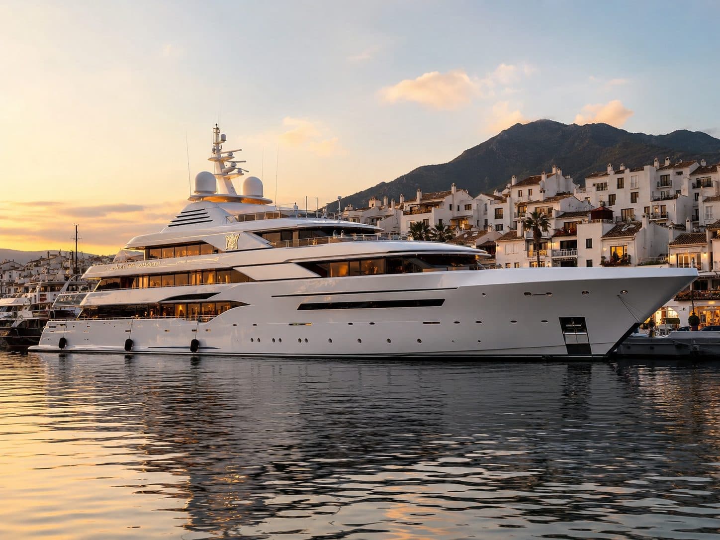 A luxury superyacht moored at a marina at golden hour